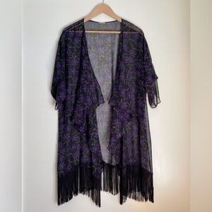 NWOT LuLaRoe ‘Monroe’ Sheer Kimono w/ Fringe, Black w/ Purple Flowers Size L
